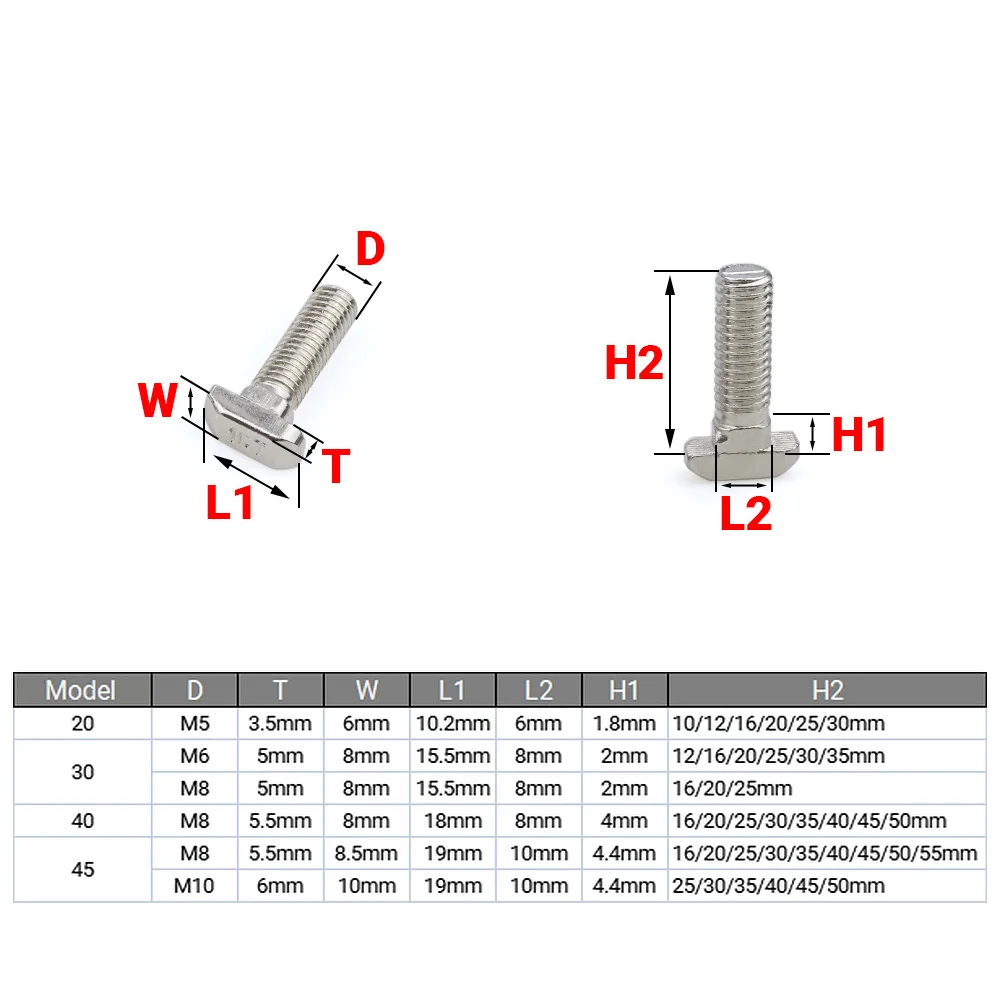 50 Pcs M5 M6 M8 M10 Nickel Plated Steel T Hammer Head Bolt Connector Screws for 20 30 40 45 Aluminum Profiles 3D Printer Parts