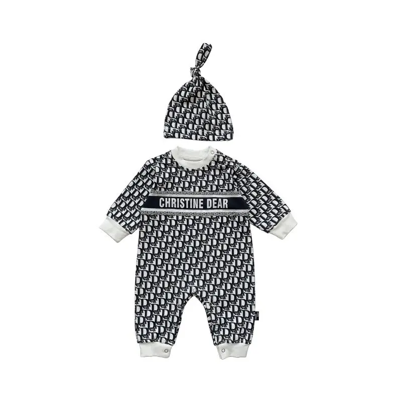 Spring and Autumn New Newborn Baby Onesie Boys Romper with Hat Letter Printed Baby Girls Climbing Clothing Kids Outfits