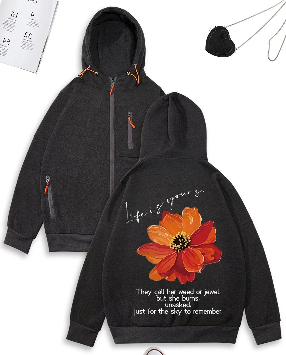 La vie est votre belle fleur imprimé femmes sweat à capuche avec fermeture éclair automne vêtements amples décontracté sweat à capuche en polaire fermeture éclair Hip Hop survêtement