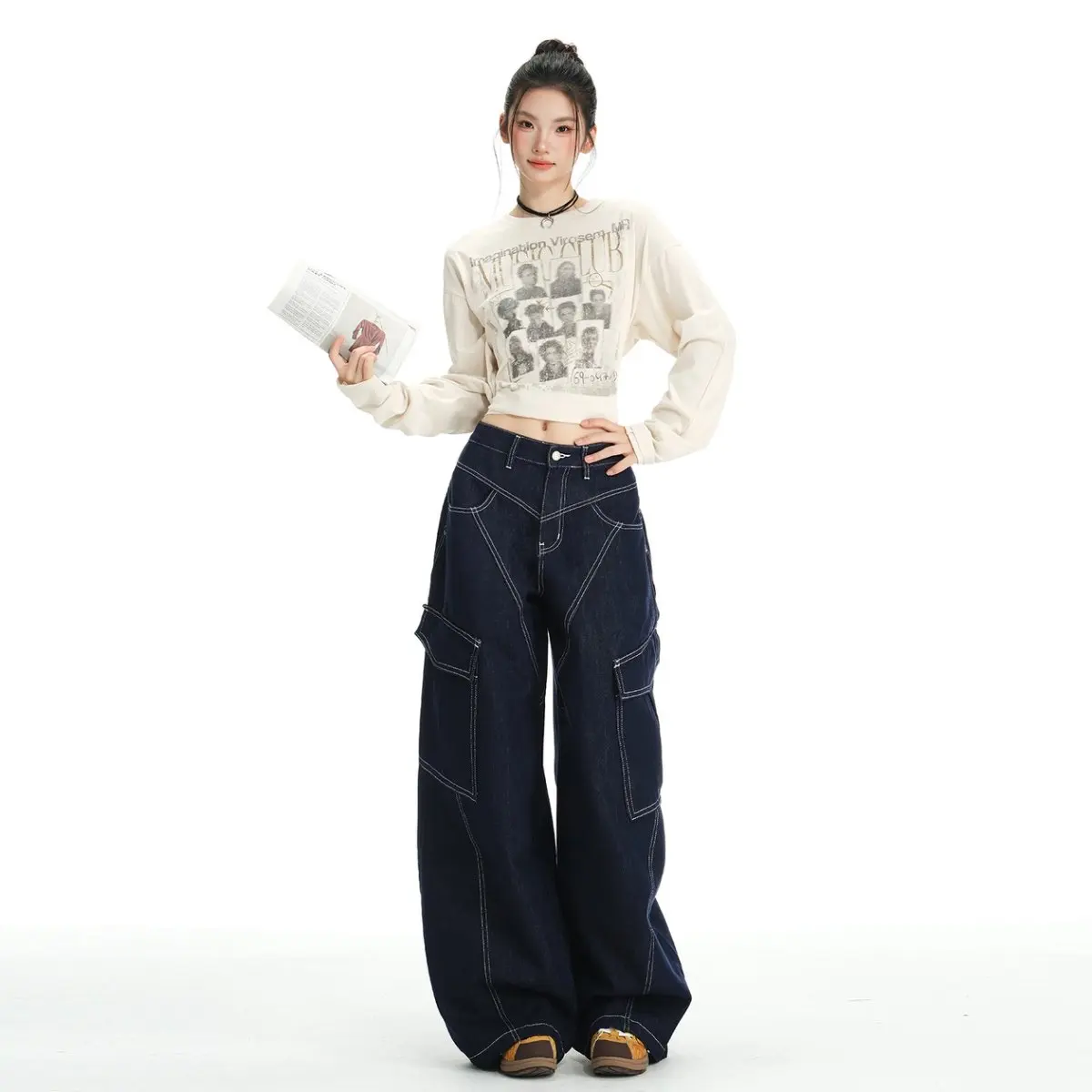 

American retro high street style casual pants, loose straight leg wide leg jeans, women's high waisted versatile and comfortable