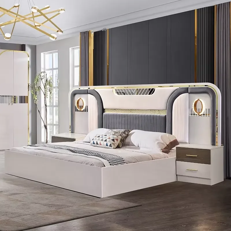 Modern Luxury Wooden Double Bed Frame Full King Size Bedroom Furniture Set for Master Bedroom Adult Home Apartment