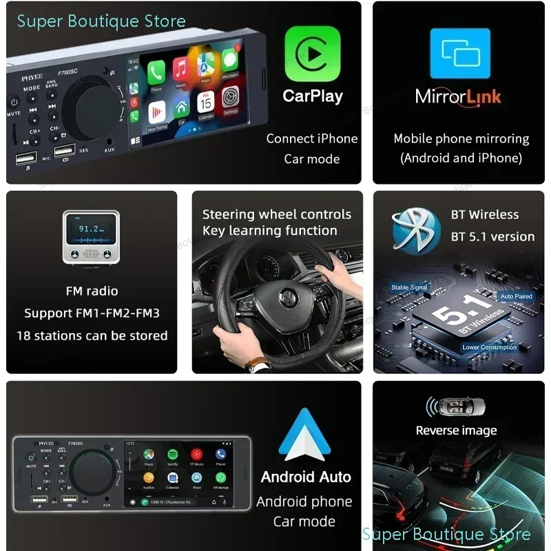 1 Din 4 "CarPlay راديو السيارة بلوتوث أندرويد-السيارات مشغل MP5 Handfree A2DP USB ستيريو نظام الصوت وحدة رئيس الوسائط المتعددة F7805C #3