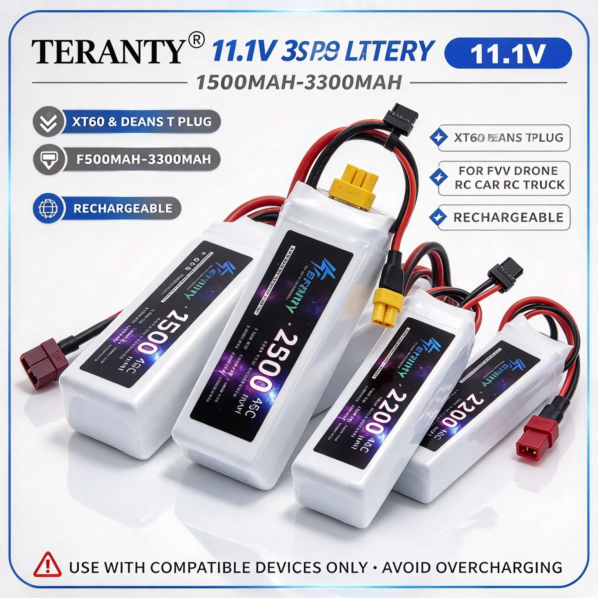 11.1V 3S LiPo Rechargeable Battery 1500mAh-3300mAh XT60 / Deans T Connector for FPV Drone RC Car RC Truck