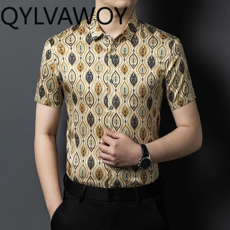 QYLVAWOY 92.5% Mulberry Silk Men's Shirts Thin Shirts for Man Short Sleeve Premium Floral Shirt Tops High-end Menswear Clothing