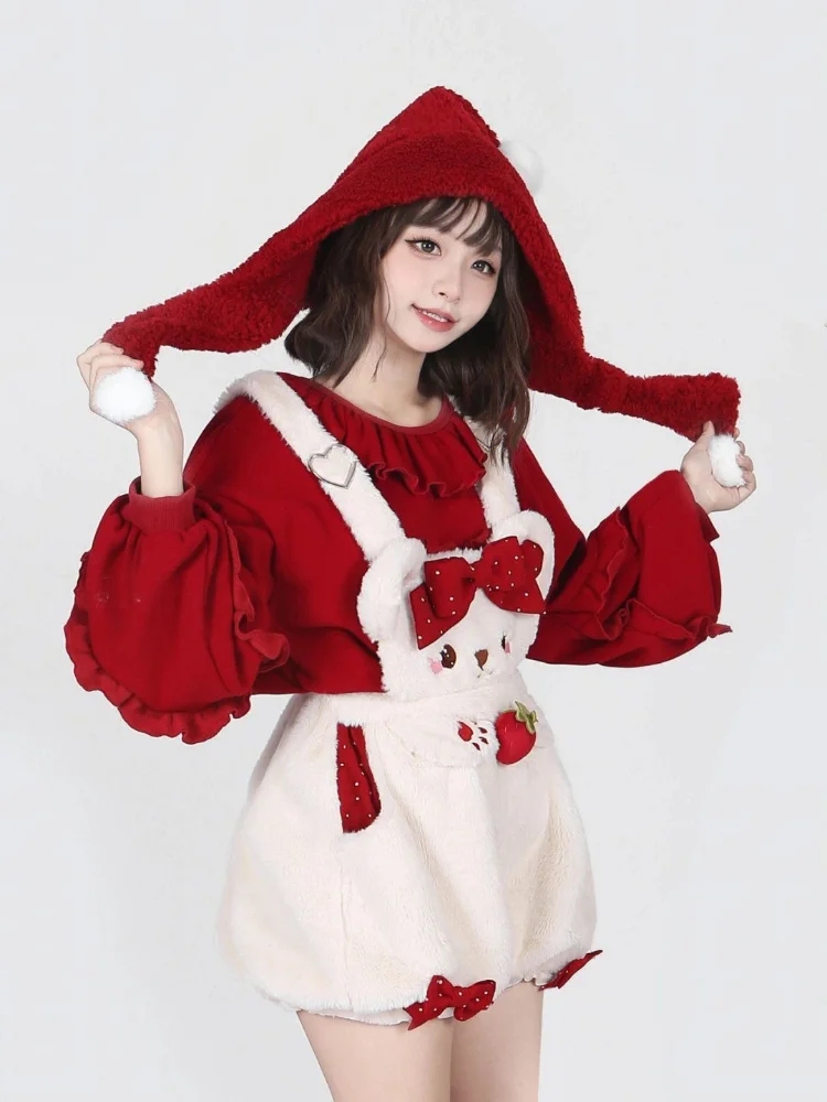 Lovely Strawberry Bear Straps Pants Lantern Sleeve Sweater Two-piece Female Age Reduction Sweet Ins Women Sets Womens 2 Piece