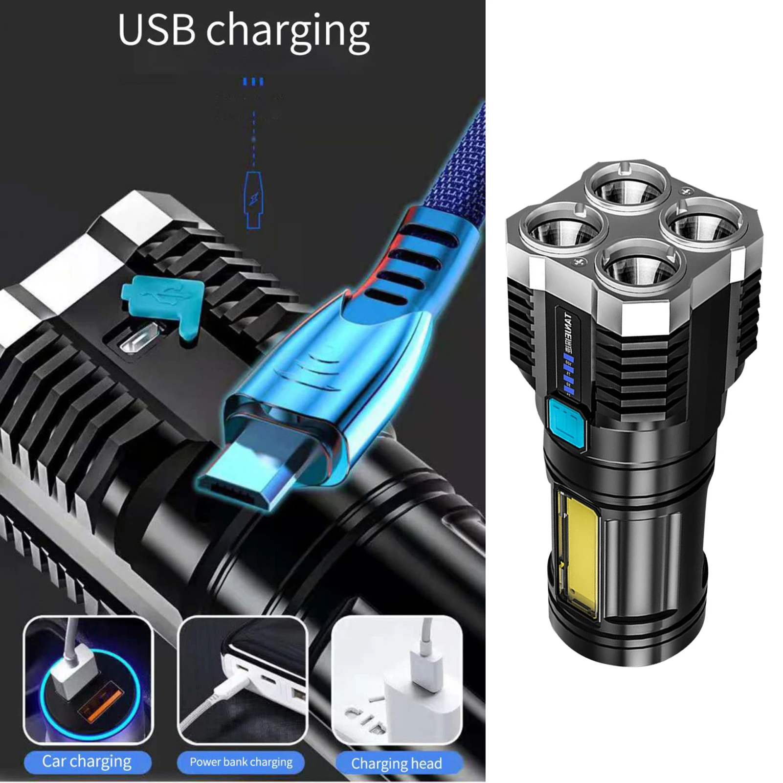 4 Core Super Bright LED Flashlight USB Rechargeable Outdoor Waterproof Portable Spotlight For Camping Emergencies Lighting