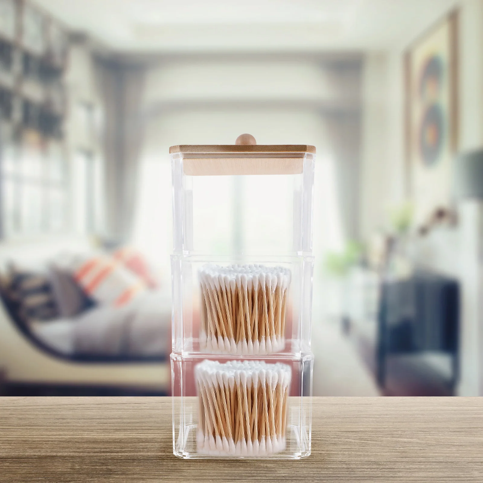 

Three-Layer Clear Cotton Swab Box Bamboo Storage Organizer Travel Jewelry Case Practical Container for Bedroom