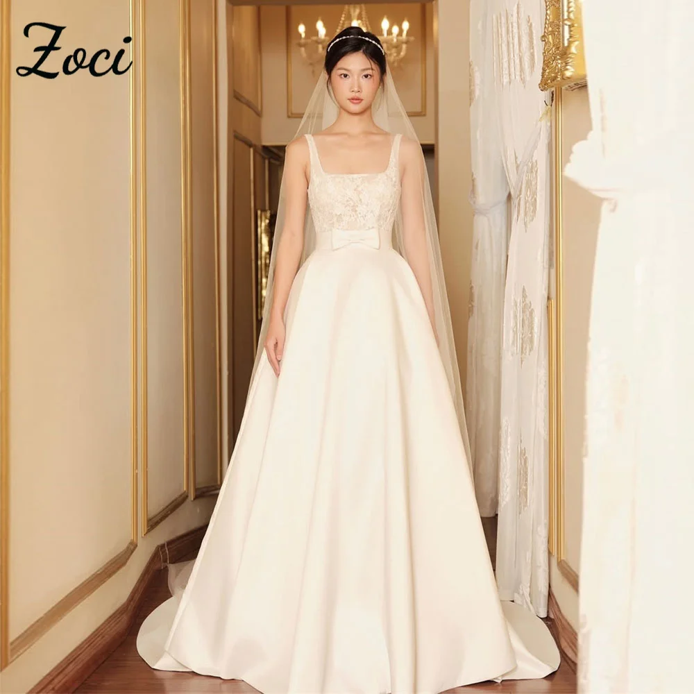 

Zoci Elegant Square Neck Korea Wedding Dresses Lace Top Wide Strap Photos Shoot Dress Customized Draped Satin Long Bridal Gown