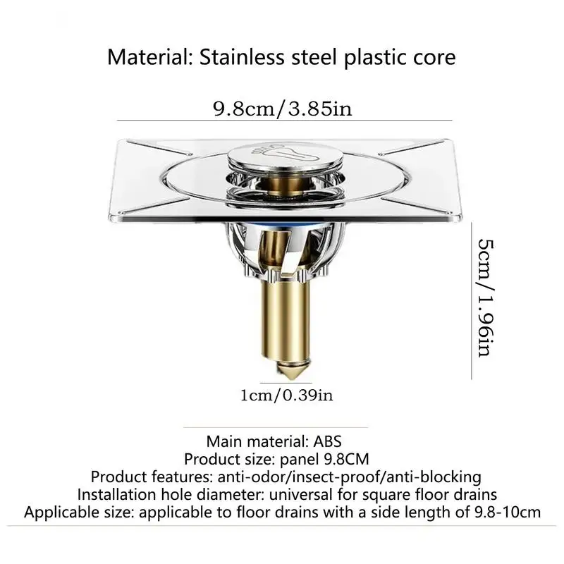 Bathroom Drain Stopper Floor Odor Prevention Square Drain Sink Drain Stopper Foot Pedal Design Brass Core Tub Hair Catcher