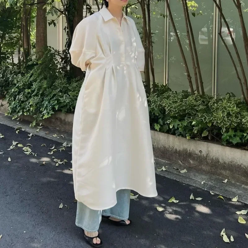 Lantern Sleeve Dress Japan Pleated Tunic Vestidos Mujer Spring Summer Vestido Elegant 2024 Woman Dresses Laple Neck Robes