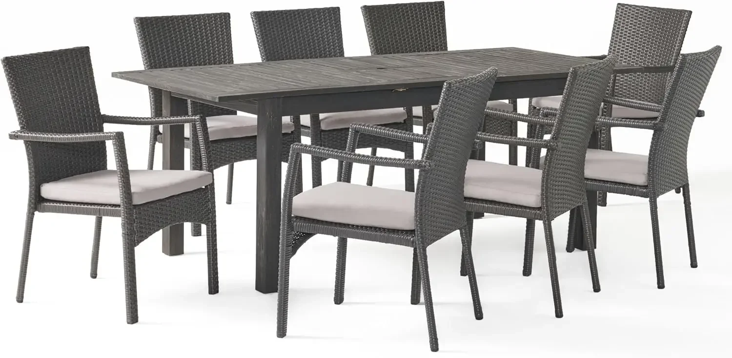 Davenport Outdoor 9 Piece Wood and Wicker Expandable Dining Set, 22.25 