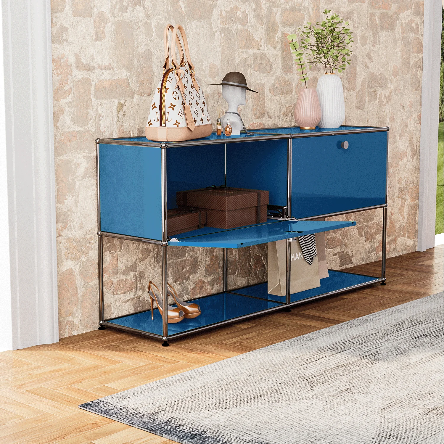 Mesitas de noche azules, armario de almacenamiento, mueble moderno nórdico, soporte para TV, dormitorio pequeño