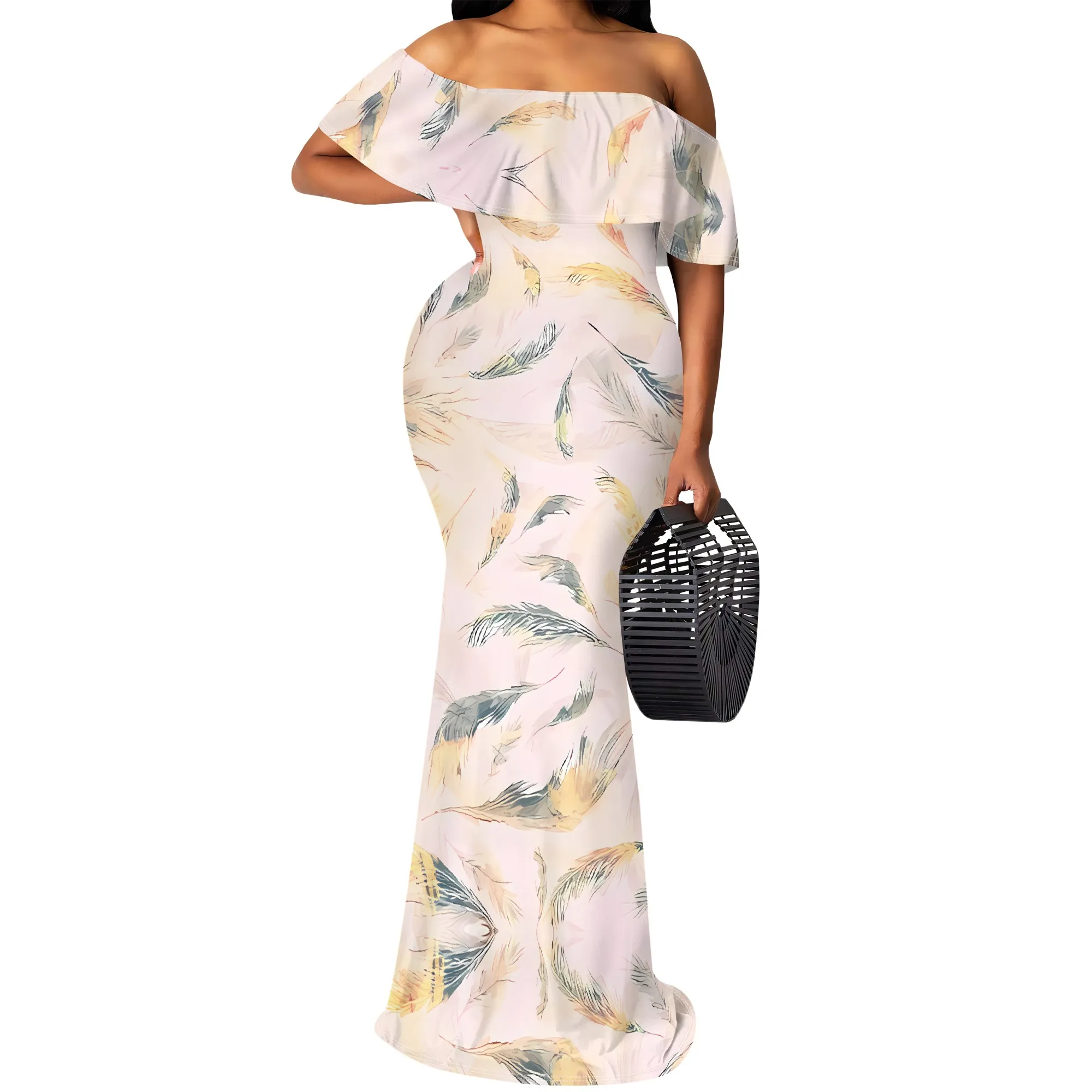 Abito lungo con stampa di piume e spalle scoperte taglie forti Abito da festa aderente elegante per le vacanze estive