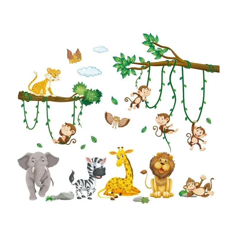 Kids Wall Stickers Jungle Animals Large African Lion Giraffe Monkey Wallpaper Children Boys Room Decor Mural Wall Decal Nursery