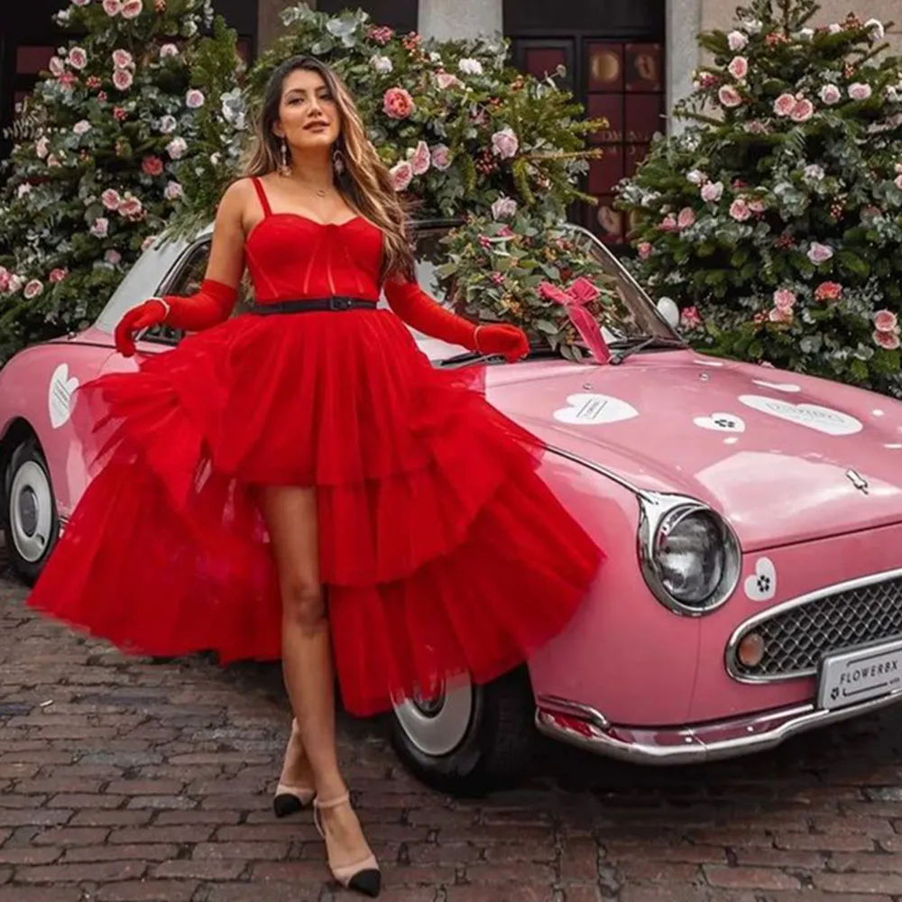 

Classy Red Women Christmas Prom Dresses Sweetheart Spaghetti Strap Asymmetrical Tea Length Sexy Elegant Female Party Gowns