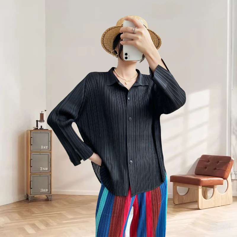 

Miyake Pleated Shirt 2025 Spring New Pleated Tops Long-sleeved Women's Design Shirts Loose Versatile French Fold Shirt Cardigan