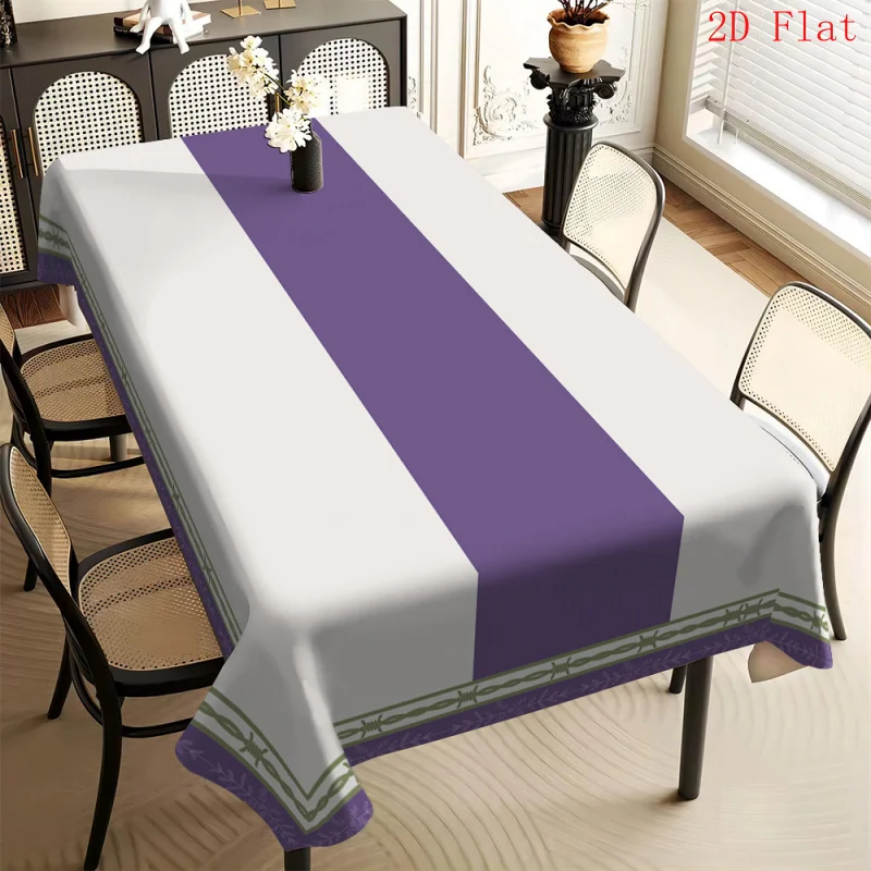 A polyester tablecloth, printed on one side, with a simple purple stripe design.