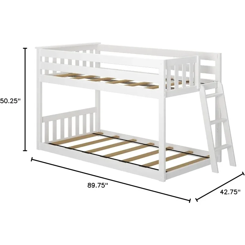 Low Bunk Bed, Twin-Over-Twin Bed Frame for Kids with Ladder on End