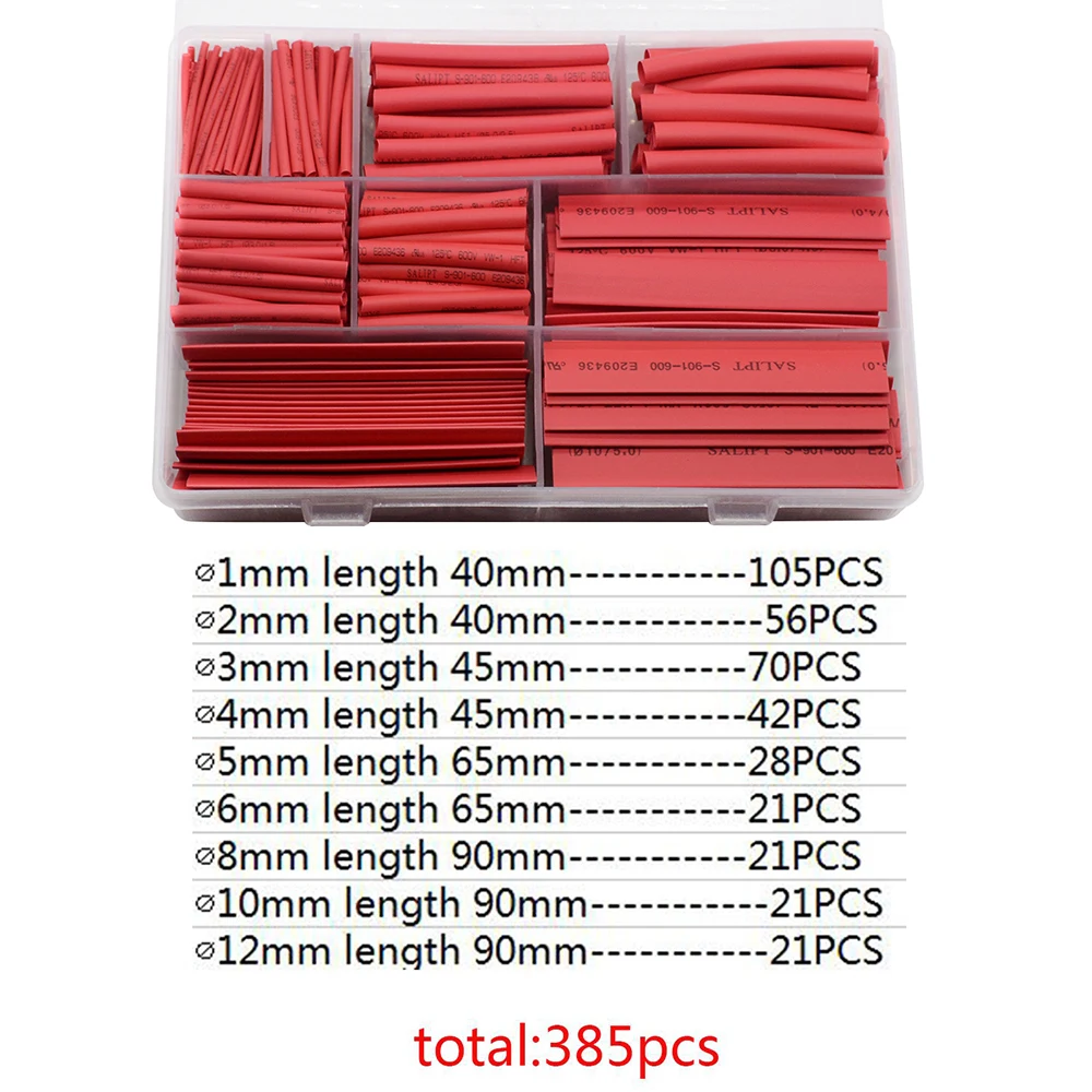 385 pz/set colore rosso 9 dimensioni assortite 2:1 Kit di tubi termorestringenti in scatola ignifuga MPa 600V per la casa fai da te