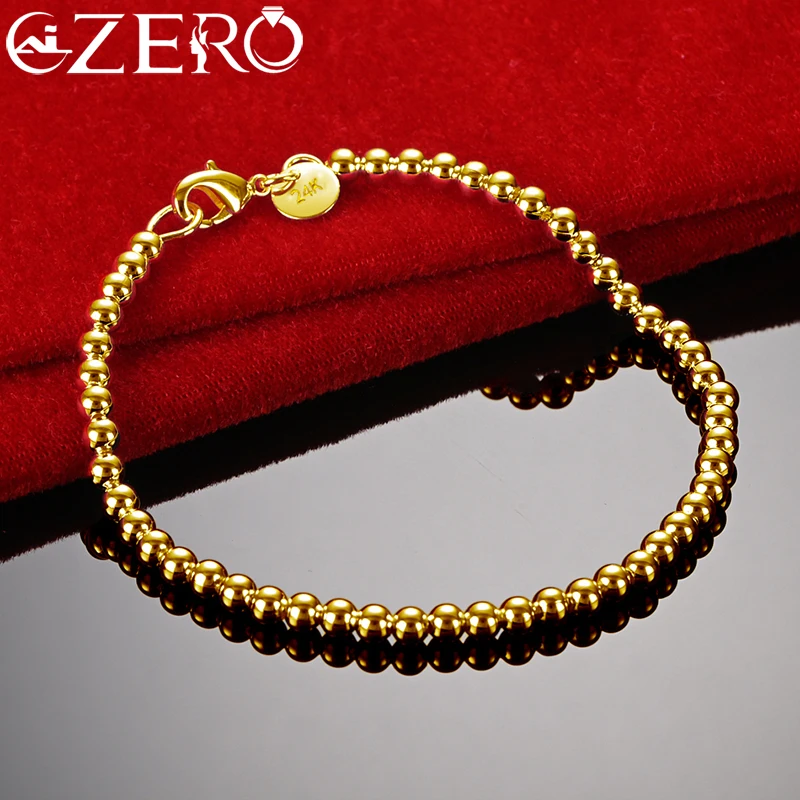 

ALIZERO 24K Gold Bracelet 925 Sterling Silver 4mm Beads Bracelet Chain For Women Wedding Party Fashion Jewelry Christmas Gift