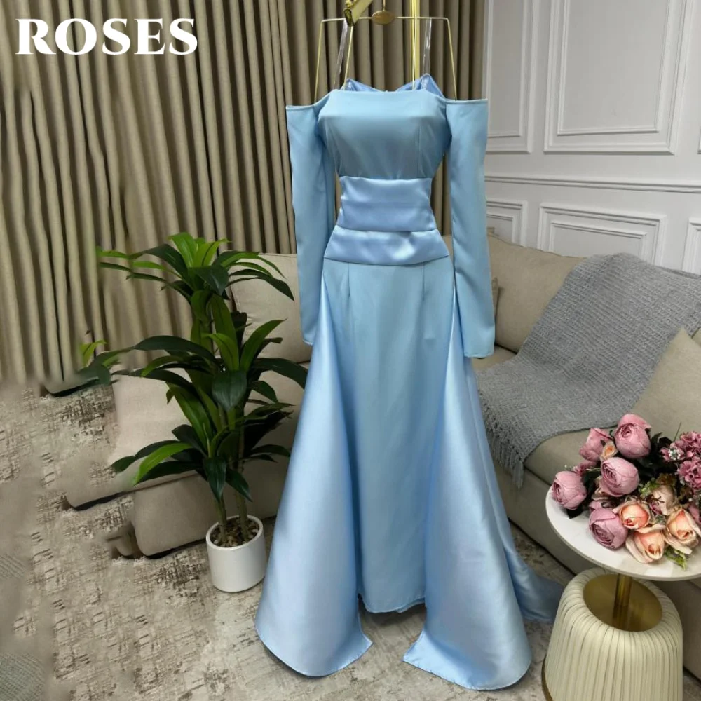 

ROSES Небесно-голубое элегантное платье для выпускного вечера с длинными рукавами Вечернее платье трапециевидной формы со складками и открытыми плечами для женщин по индивидуальному заказу