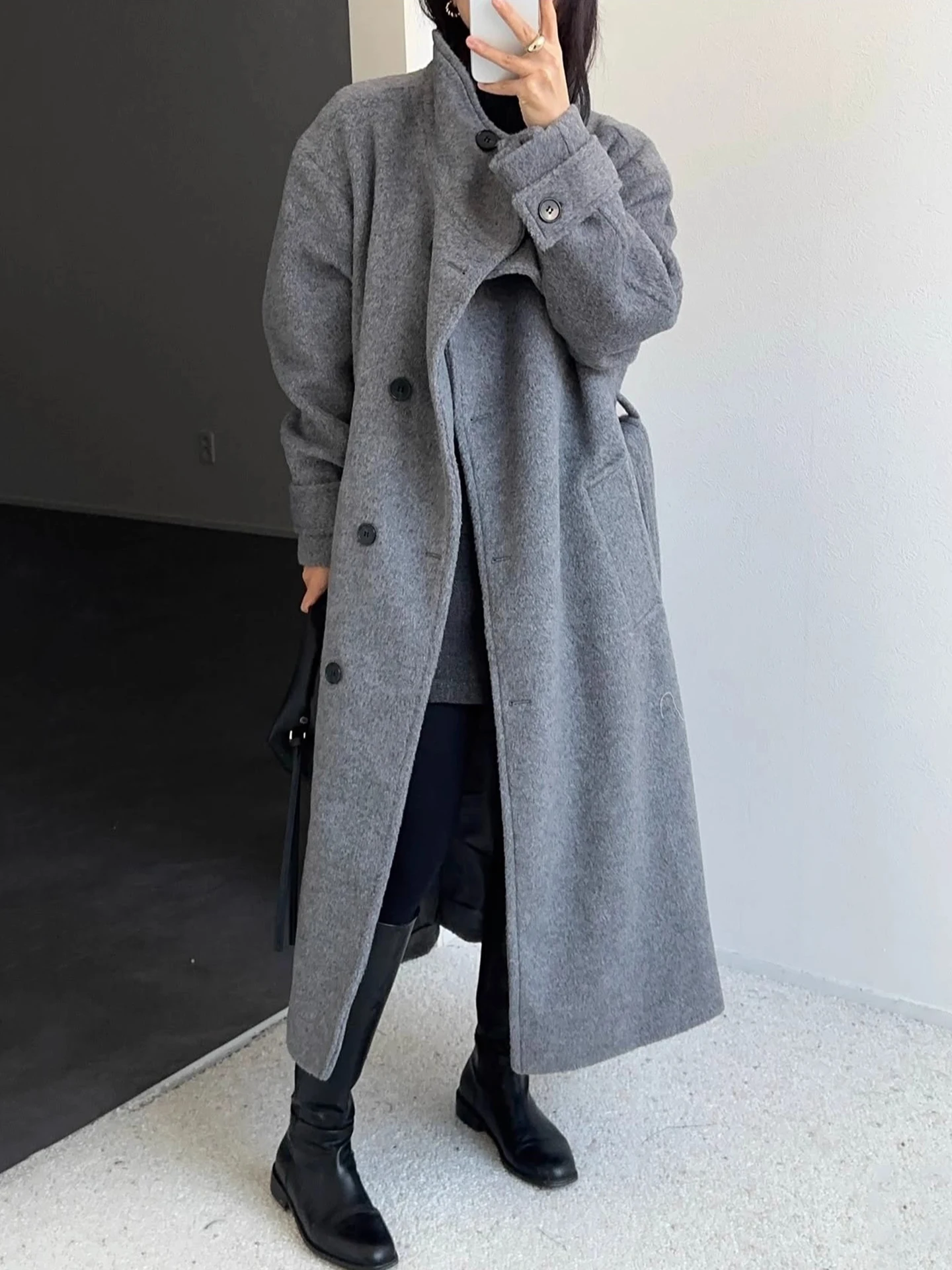 

Ele универсальное шерстяное пальто с поясом на одной пуговице, женское твидовое пальто средней длины, однотонное твидовое пальто, свободный крой Long Sve