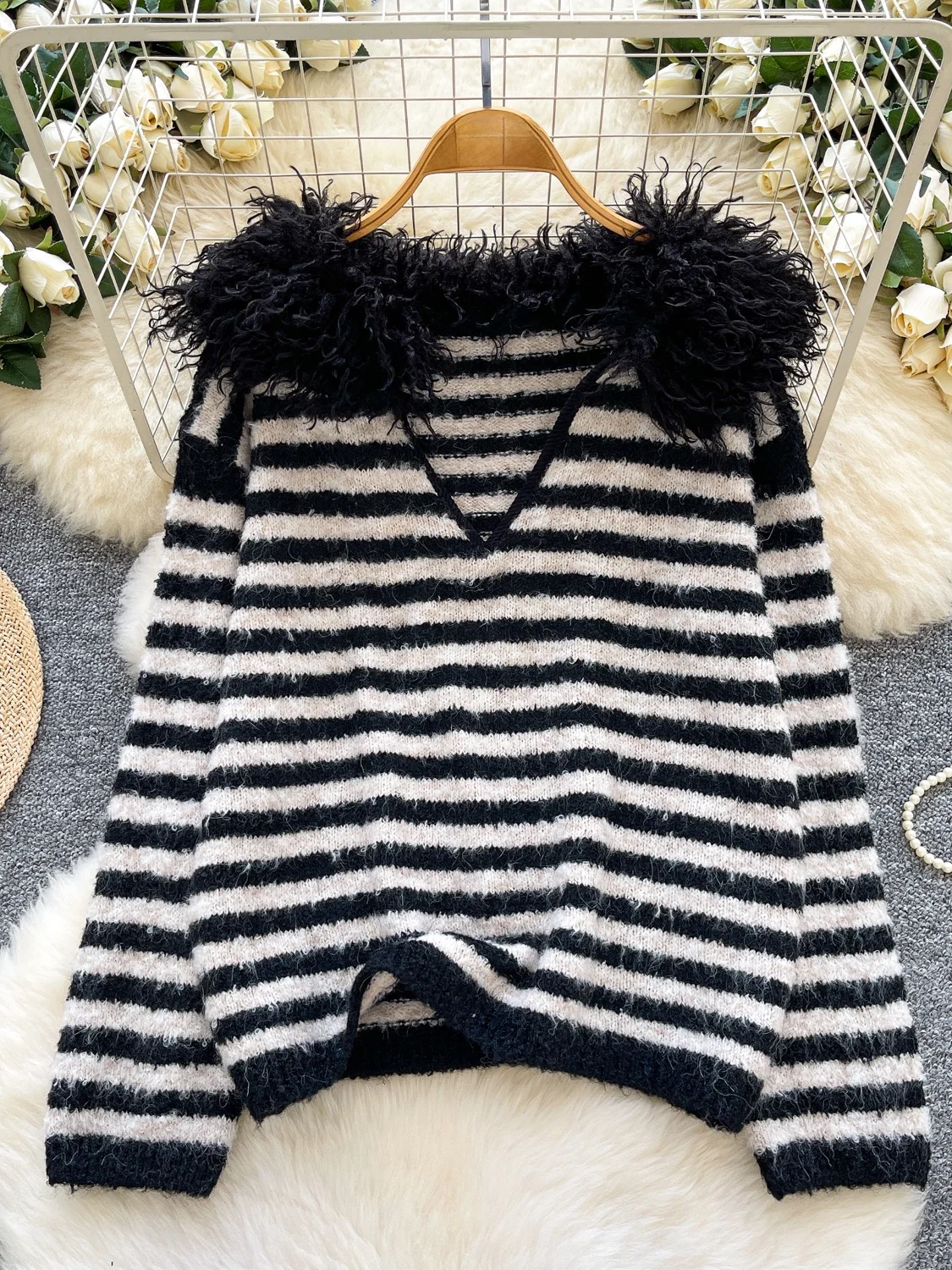 Dongda Gate سترة نسائية محبوكة فضفاضة V-Ne لون Blo شريط Faion خريف شتاء دافئ حراري طويل Sve