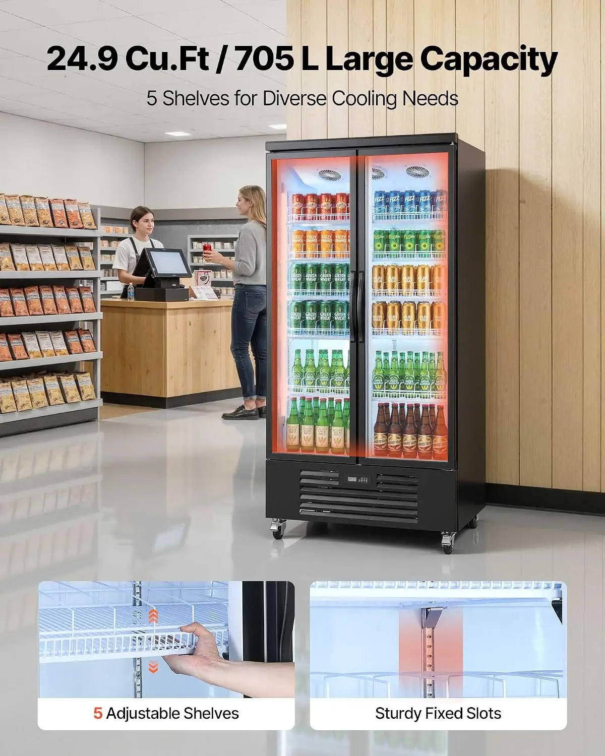 Commercial Merchandiser Refrigerator, 24.9 Cu.Ft / 705L Upright Beverage Cooler, 2 Glass Door Display Refrigerator with 5 Adjust