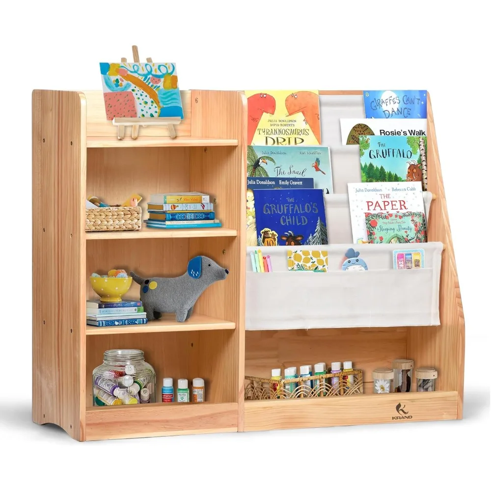 4-Layer Kids Wooden Bookshelf, 4-Tier Layer Sling Bookcase, Baby Storage Book Rack,Toy Organizer Cabinet