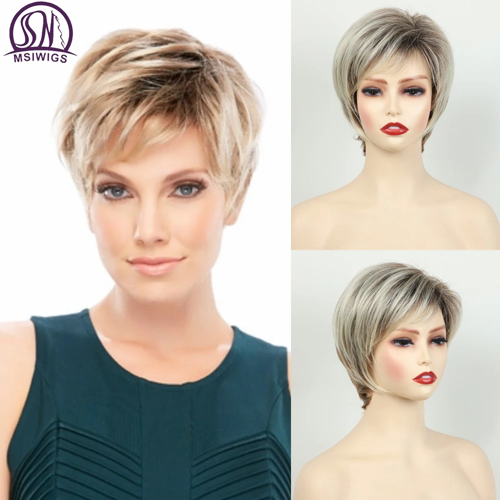 MSWIGS Lady Short Cut Wigs Blonde Synthetic Wig with Bangs Brown Heat Resistant Afro Two Tone Ombre Hair for Women White