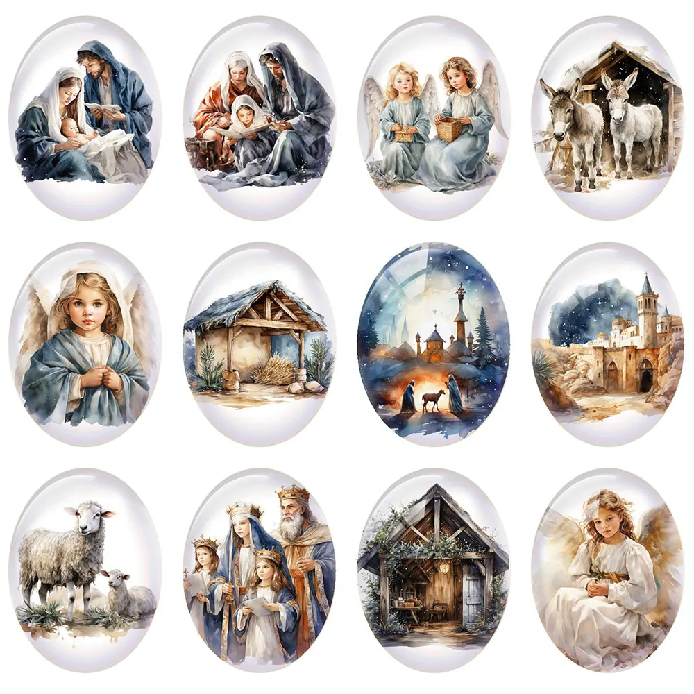 

10pcs/lot Christmas X-mas Winter Christianity Angel Mary Oval Photo Glass Cabochon Flatback Demo Cameo For Diy Jewelry Making