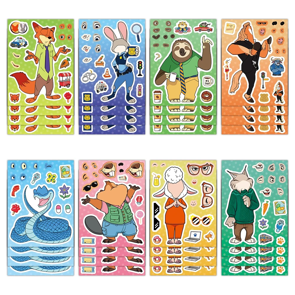 8/16장 만화 디즈니 주토피아 2 퍼즐 스티커 귀여운 주디 닉 애니메이션 얼굴 만들기 DIY 조립 퍼즐 교육용 장난감 데칼