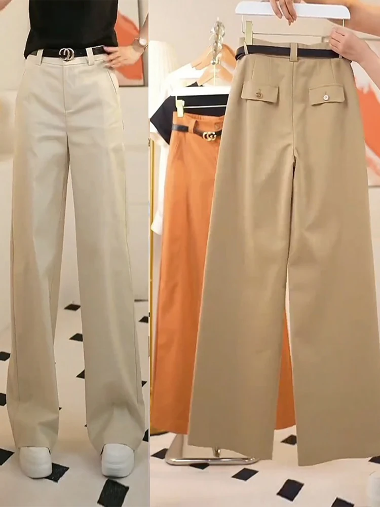 بنطلون بدلة نسائي من قماش التنسل والقطن بلون الكاكي، خصر عالي، تصميم نحيف مستقيم الساق، موديل جديد للخريف والشتاء، بنطلون أني...