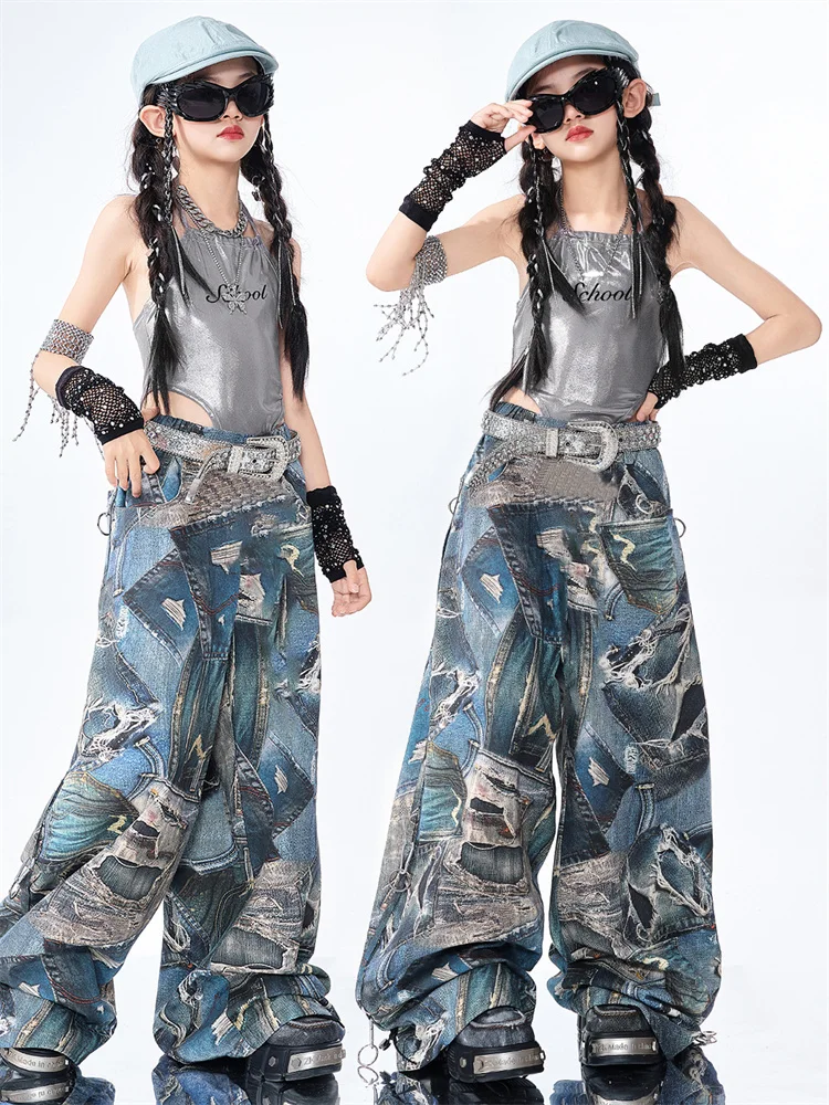 Ropa de Hip Hop para niñas, traje de baile callejero de Jazz para niños, chaleco plateado con entrepierna, pantalones de cimitarra azul, traje de actuación infantil