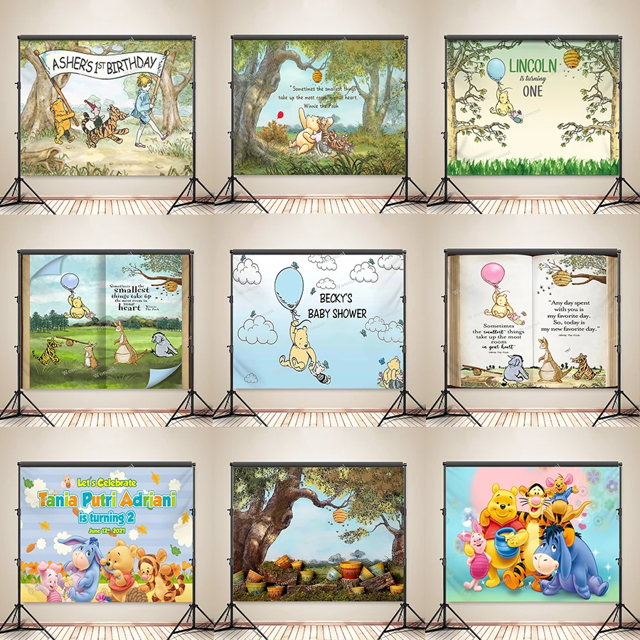 Winnie The Pooh Storybook Backdrop Eeyore Piglet Tigger Pooh Baby Shower Backdrop Custom Pooh Birthday Banner Poster Decor Props