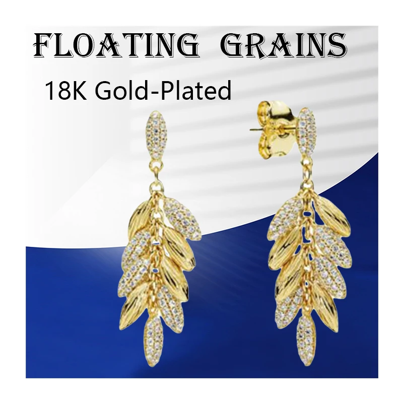 Floating Grains Drop Earrings For Women Original Fine Jewelry Zircon Stones 18K Shine Gold Stud Dangling Wheat Accessories Gifts