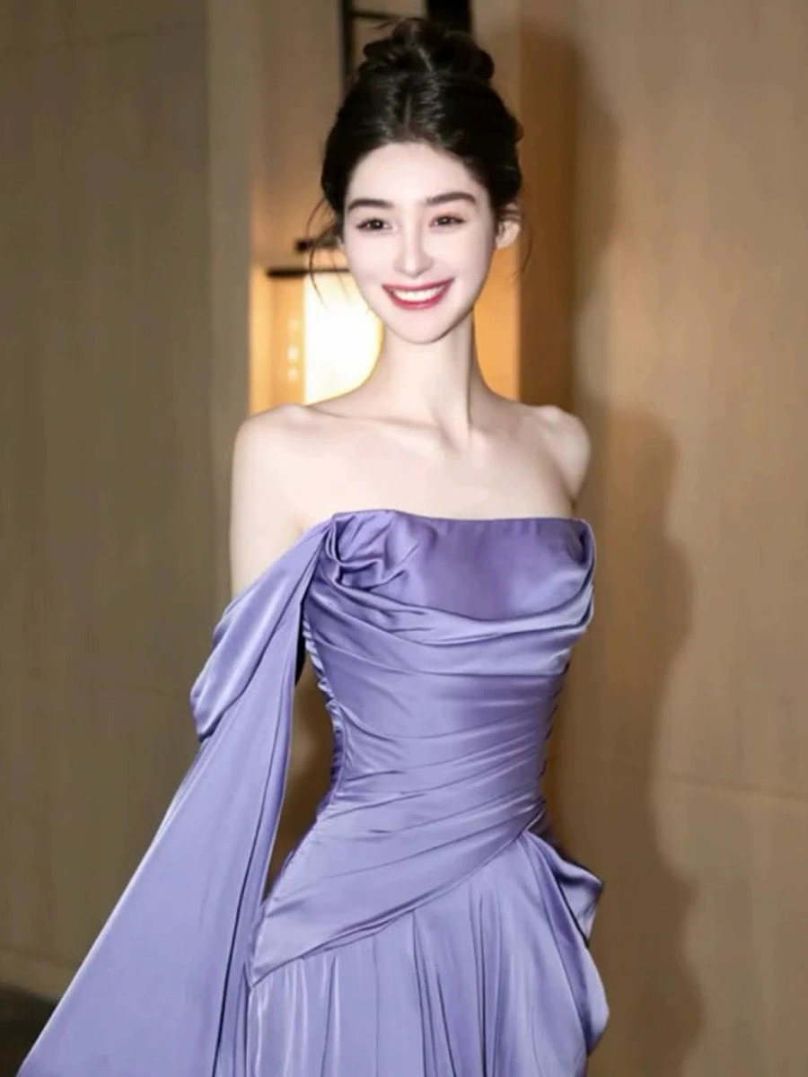 Purple Satin Bridesmaid Dresses Off the Shoulder Pleated Ruched Silk Backless Strapless Sexy Woman Prom Celebrity Gowns 2024