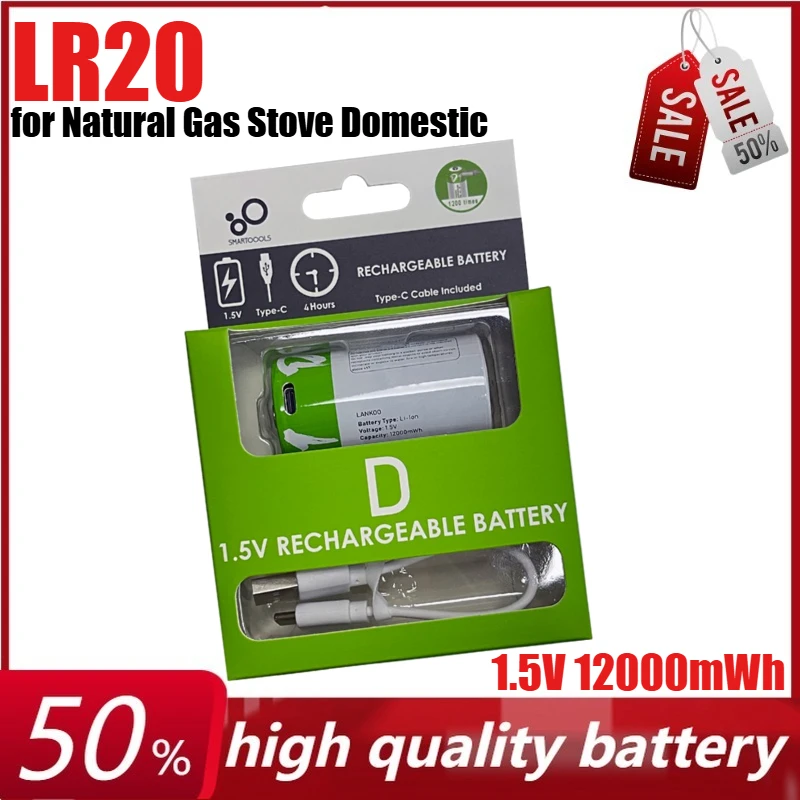 

1.5V 12000mWh D Size LR20 Rechargeable Li-ion Battery for Natural Gas Stove Domestic Water Heater Flashlight + Type-C Cable