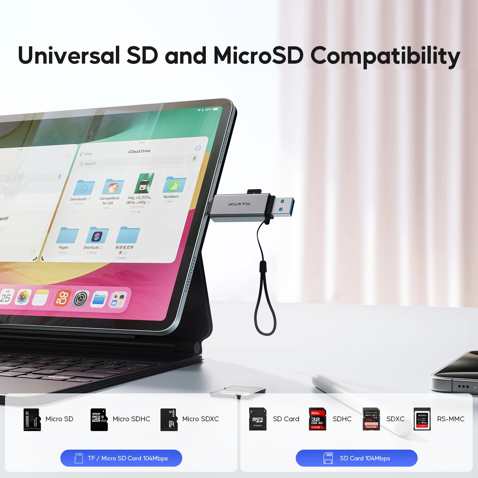 PULWTOP 2-in-1 USB-C SD Card Reader: High-Speed USB 3.0 Memory Card Viewer for Digital Cameras, Compatible with SD and TF Cards