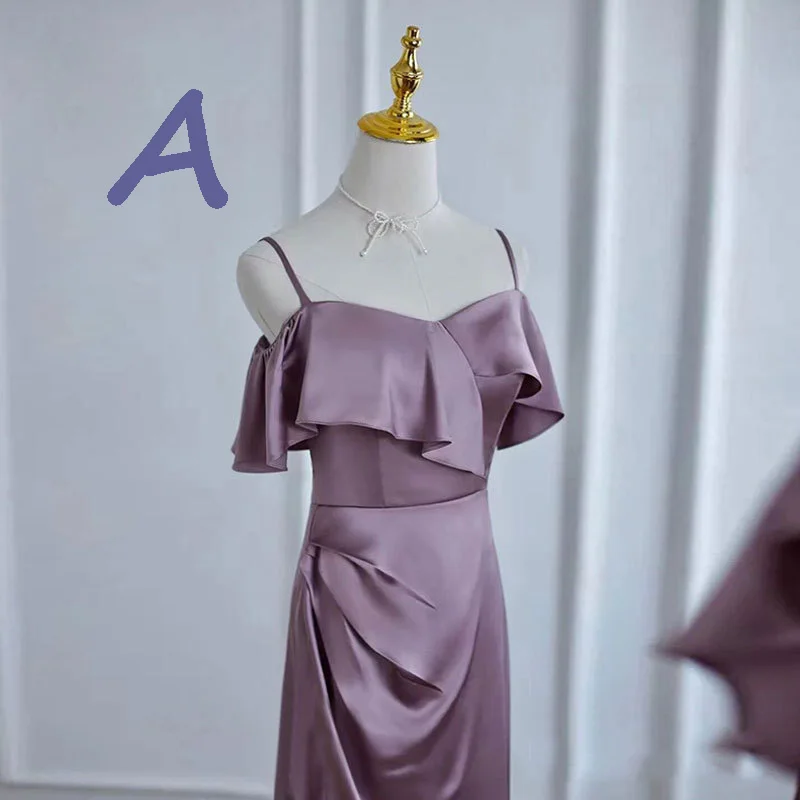 Purple Satin Bridesmaid Dress 2023 New Elegant Women's Spliced Solid High Slit Vestido Floor Length A-Line Backless Prom Dress