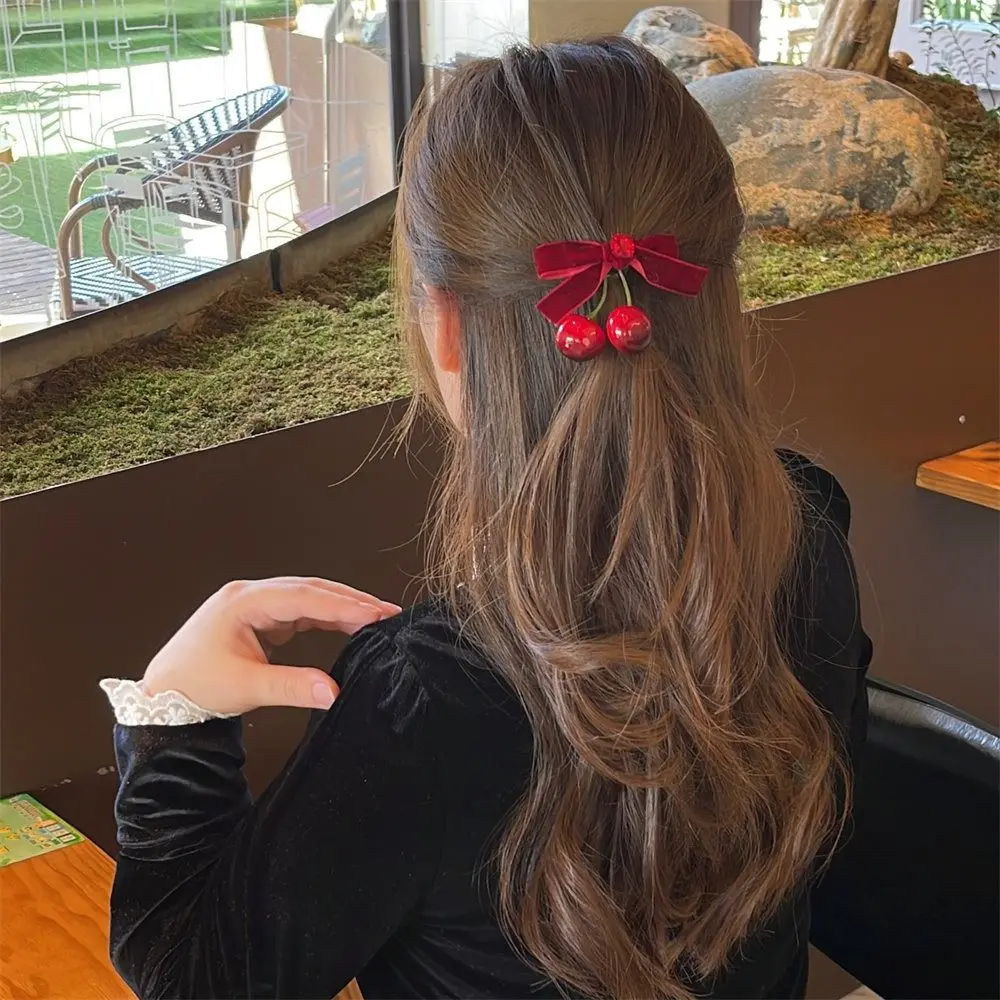 

Vintage Red Velvet Cherry Hairpin Bowknot Side Clip Velvet Bow Hair Clip Cloth Barrettes Female Hair Accessories