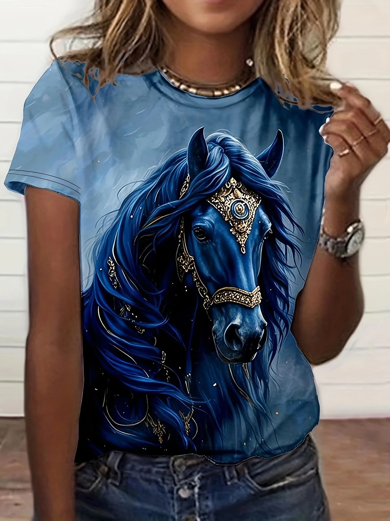 Women's Tee - Ornate Gilded Blue Horse Graphic, Regal Mythical Steed Design for Casual Daily Wear