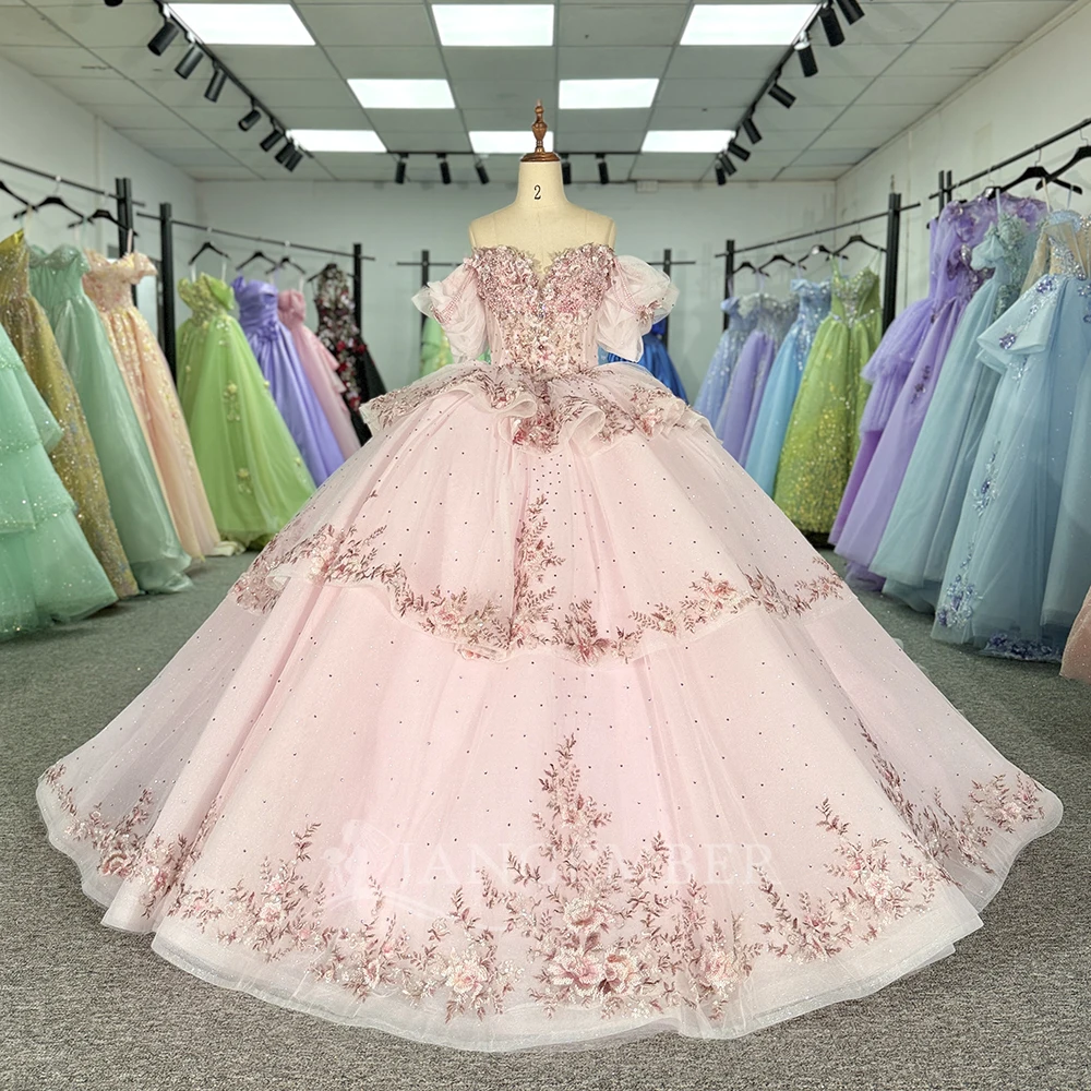 

Glittering Organza Pink Quinceanera Dresses With Flower Lace Vestidos 15 Anos Formal Birthday Party Princess Prom Gown Customize