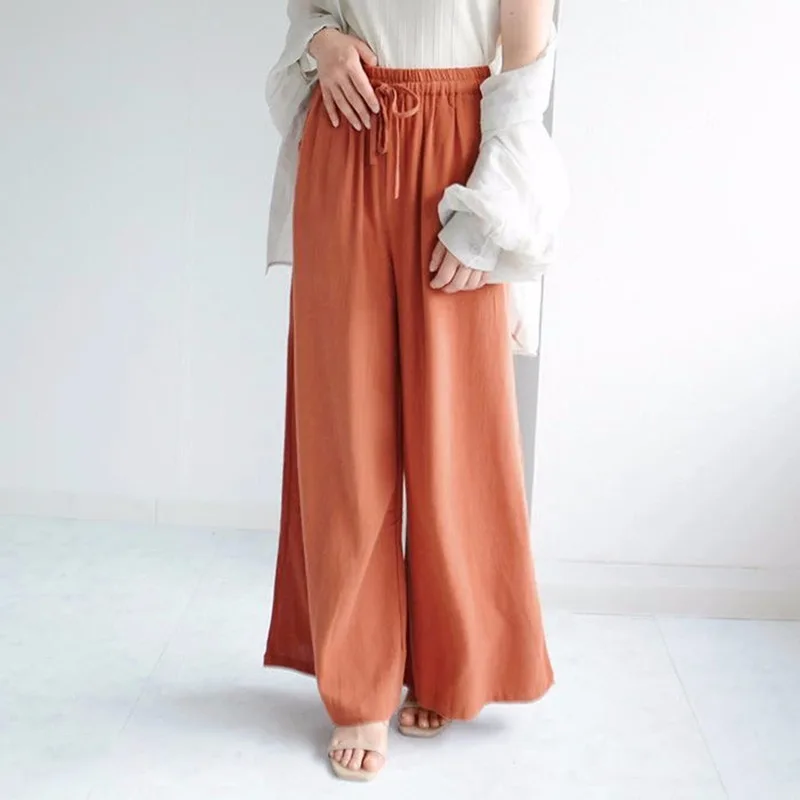 Trendy High Waist Wide Leg Pants Women's Casual Linen Autumn plus Size Versatile Color Pants Japanese Sweet Sle