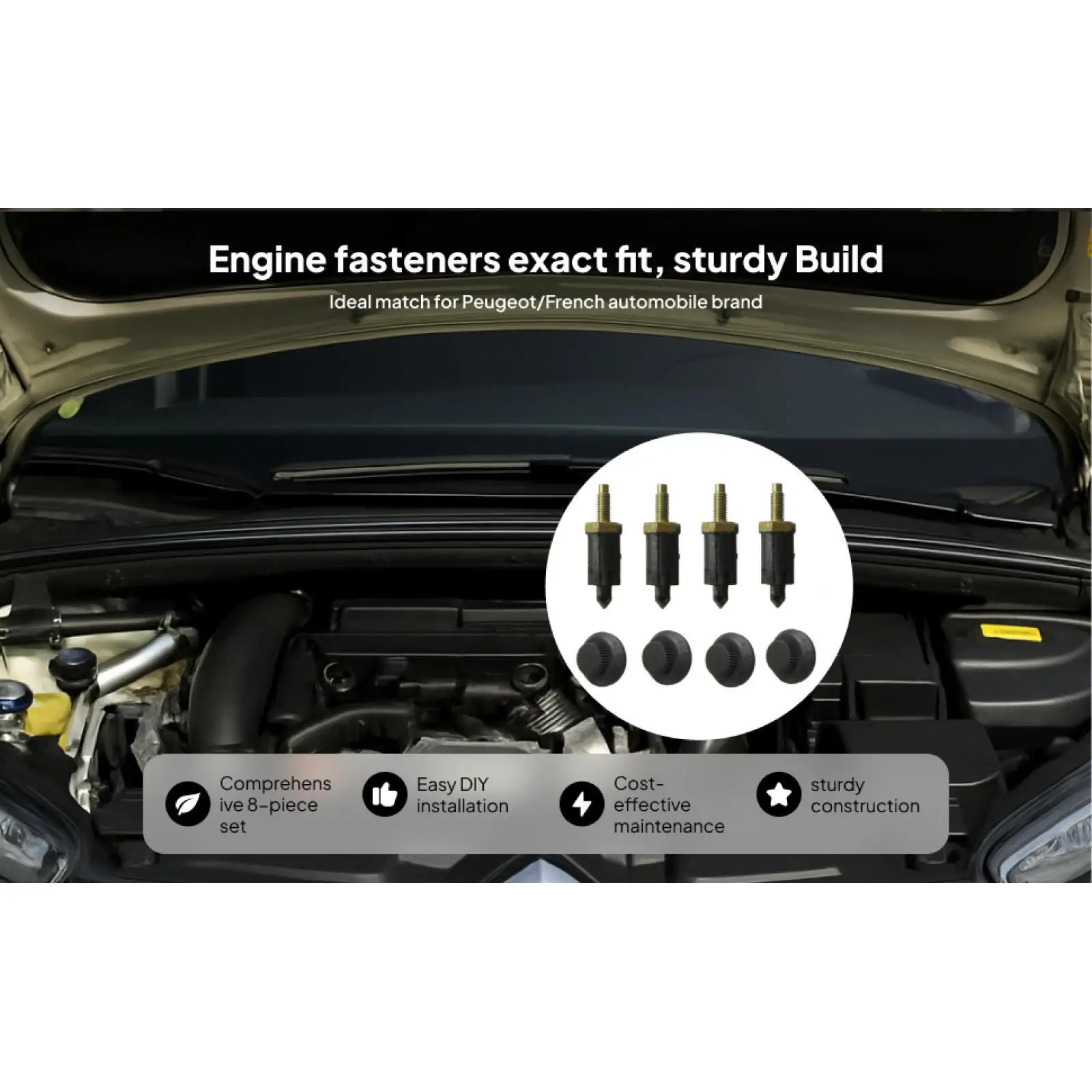 

Комплект для ремонта: болты, металлические и пластиковые клипсы, купольные гайки для капота двигателя Citroen C5 Picasso Peugeot 307