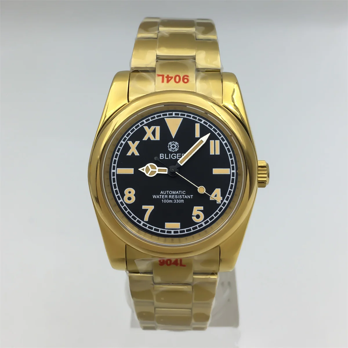 36/39mm Black White dial Roman numerals NH35 automatic Men's Gold Watch stainless steel strap sapphire glass sliding fold buckle