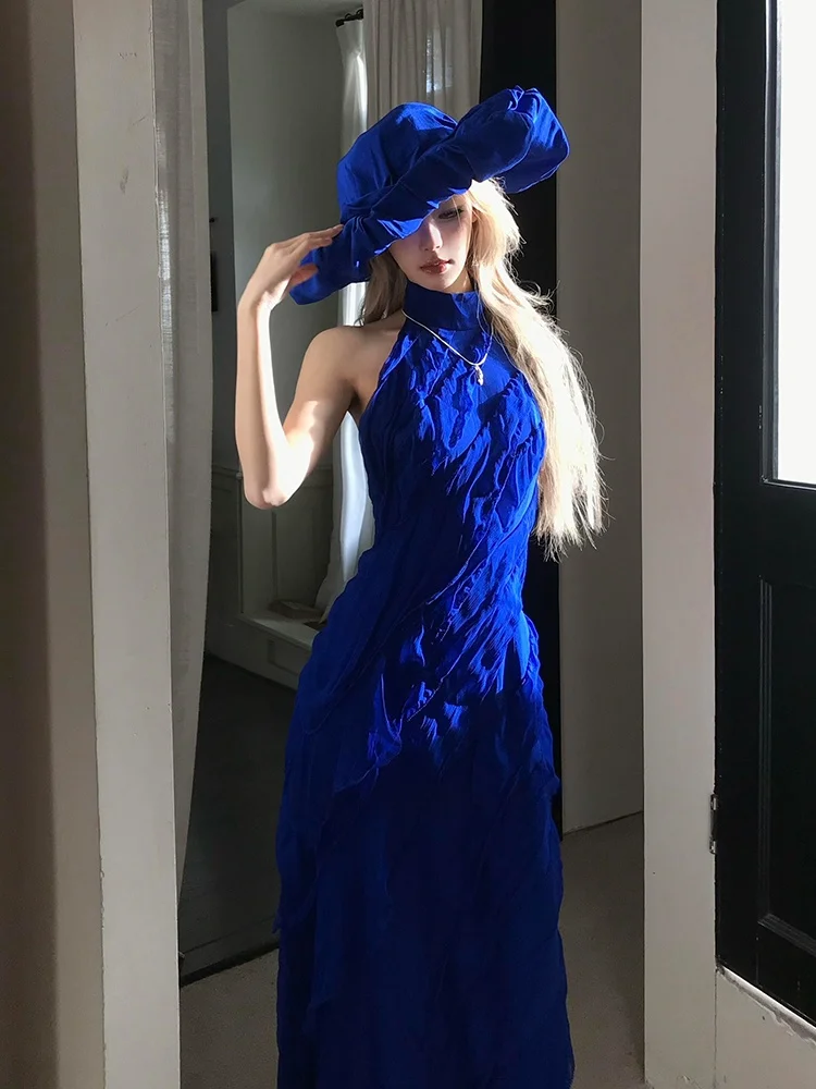 

Elegant Hanging Neck Dress Women's Birthday Party Gown Klein Blue Sexy Backless Lace Trim Cake Skirt High Waist Gown