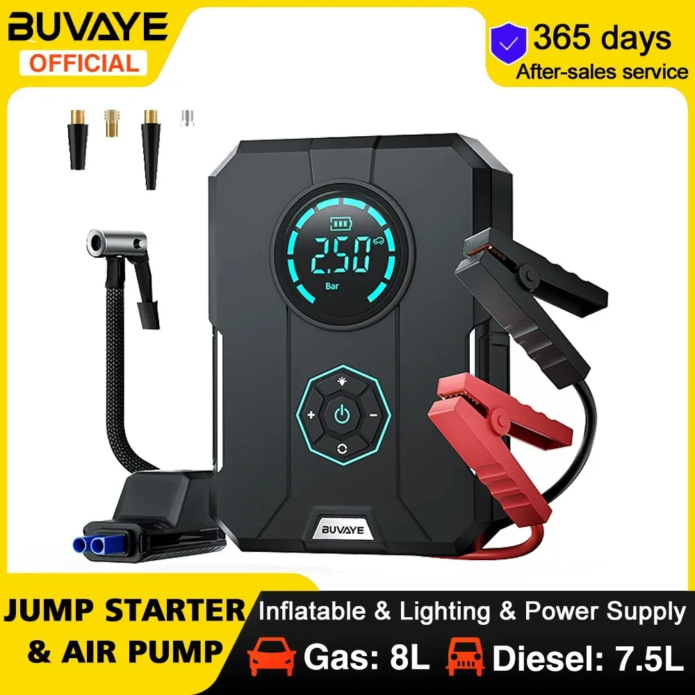 BUVAYE 4 In 1 Car Jump Starter Air Pump Power Bank Portable Air Compressor Cars Battery Starters Starting Auto Tyre Inflator