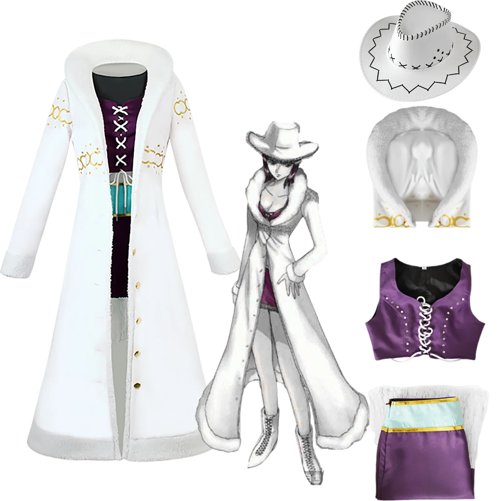 

Nico Robin Cosplay Costume Anime One Piece Purple Dress Uniform Long Fur Collar White Cloak Punk Outfit Halloween for Adult