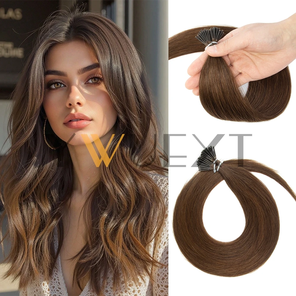 Brown I Tip Hair Extensions Natural Real Human Fusion Hair Extensions 16''-22'' Thin Keratin Hair No Rings for Women 50g/pack